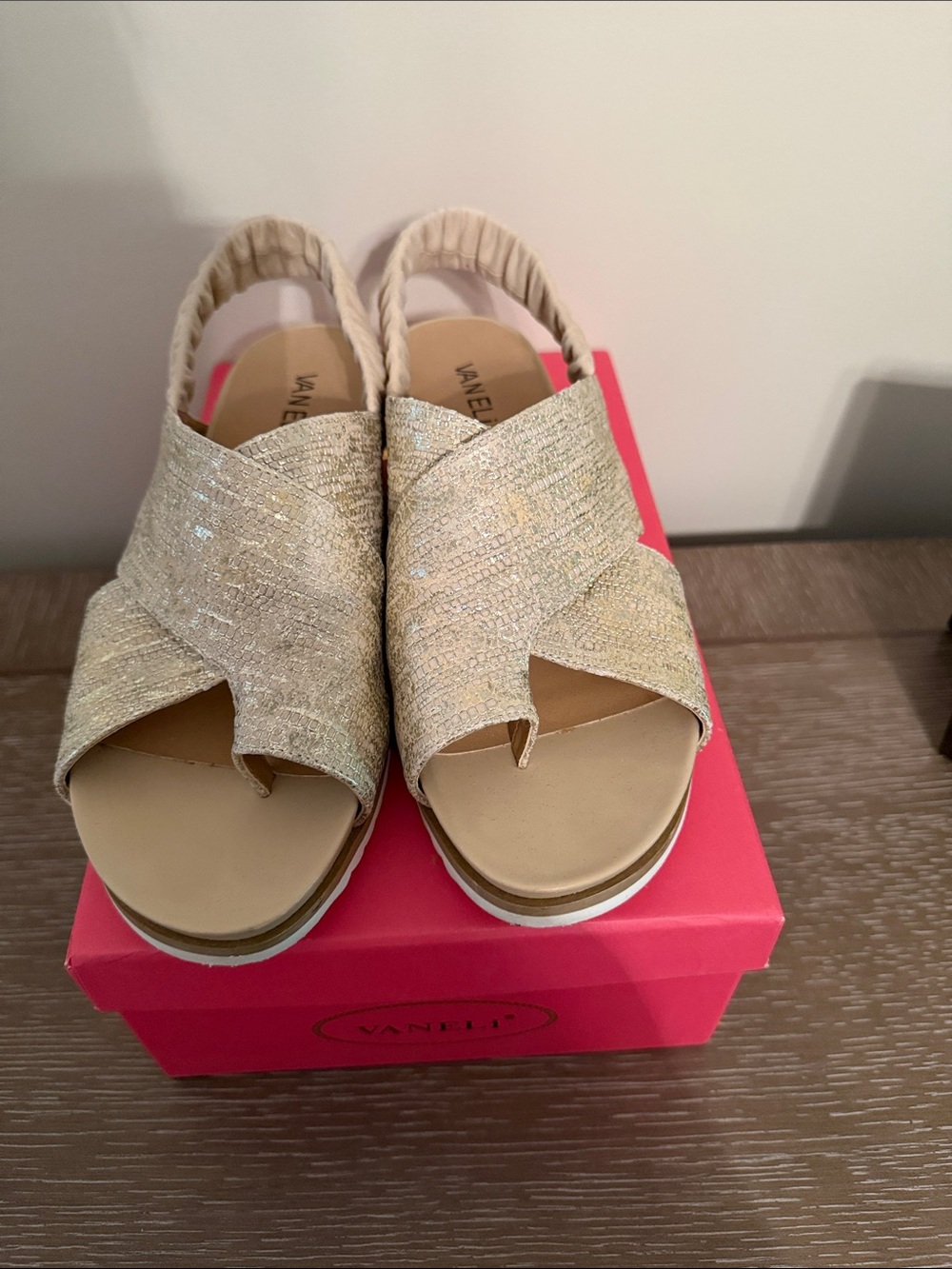 Vaneli Beige Metallic Open-Front Slide Mules